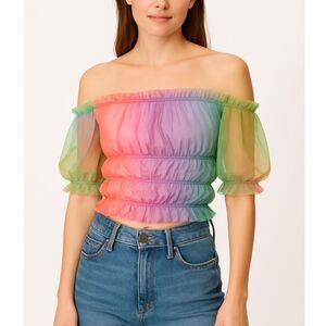 Lirika Matoshi Off Shoulder Rainbow Sheer Puff Sleeve Top Womenโs Size Small